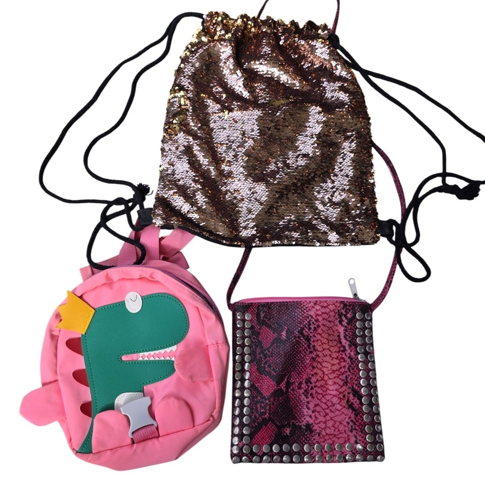 Lot of 3 Bags Sequin Drawstring Snakeskin Studded Crossbody Dinosaur Backpack Z2